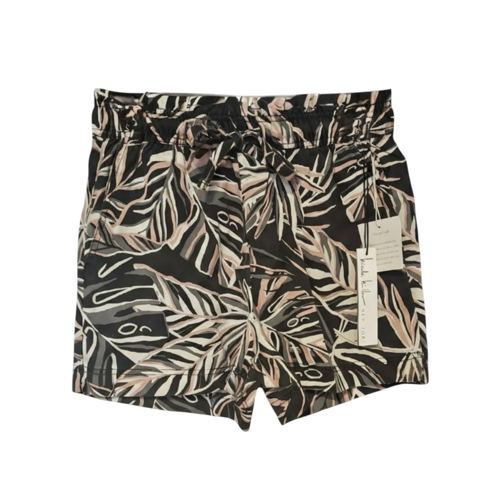 NWT Nicole Miller New York Dark Gray Leaf Print Pull Tie Elastic Waist Shorts